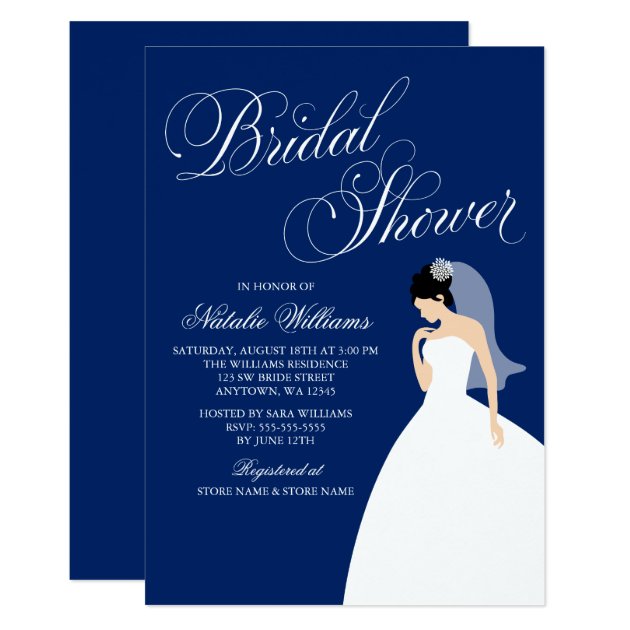 Navy Blue Wedding Gown Bridal Shower Invitation