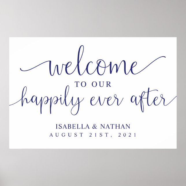 Navy Blue Wedding Happily Ever After Welcome Sign (Front)
