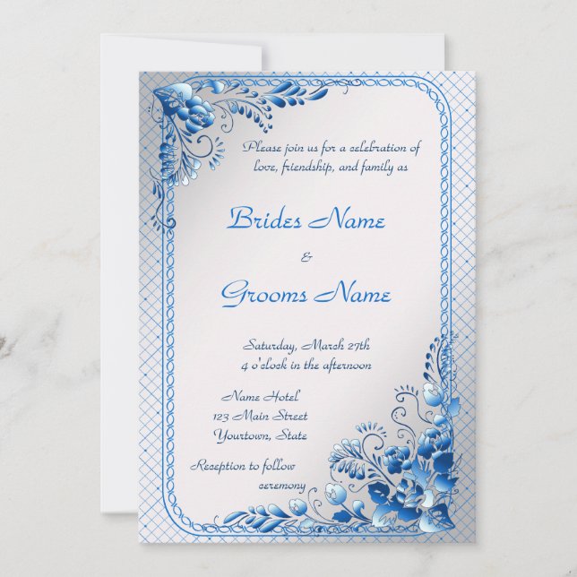 Navy Blue  Wedding Invitation on styled silver (Front)
