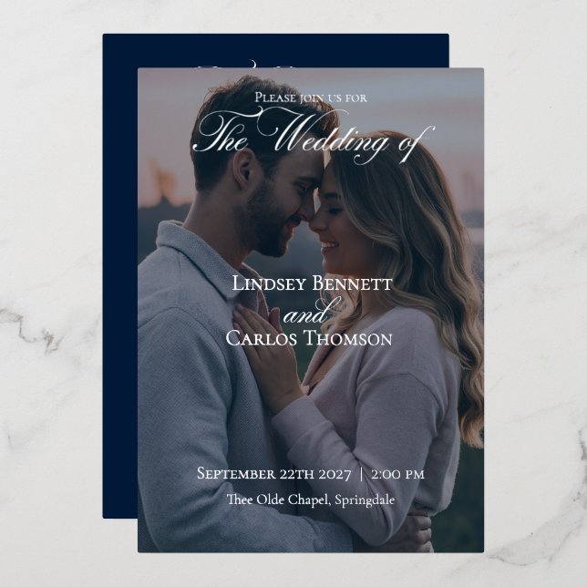 Navy Blue Wedding Invitation with Details Foil Invitation (Front/Back)