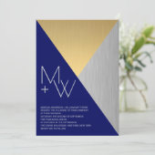 Navy Blue Wedding Modern Mixed Metals Geometric Invitation (Standing Front)