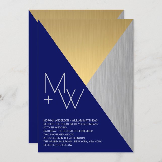 Navy Blue Wedding Modern Mixed Metals Geometric Invitation (Front/Back)