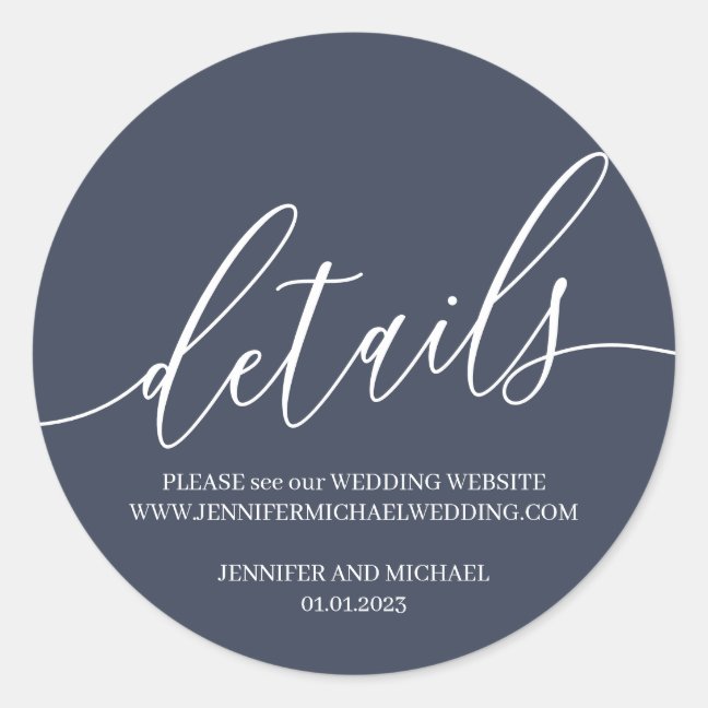 Navy Blue Wedding Modern Signature Details Classic Round Sticker