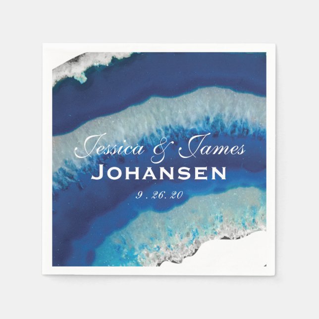 Navy Blue Wedding Monogram Date | Agate Paper Napkins (Front)