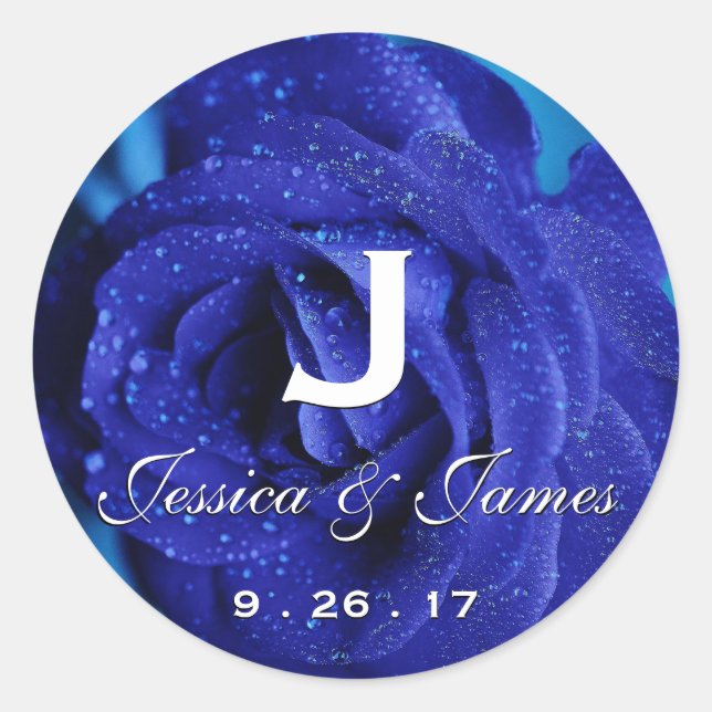 Navy Blue Wedding Monogram Date | Rose Classic Round Sticker (Front)