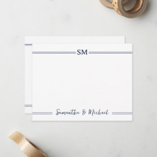 Navy Blue Wedding Monogram Initials Couple Name Note Card
