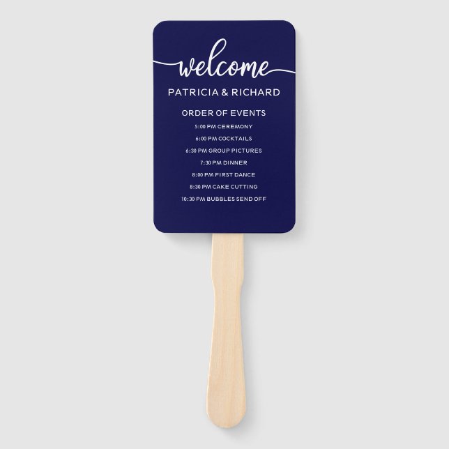 Navy Blue Wedding Order of Events Timeline Hand Fan (Front)