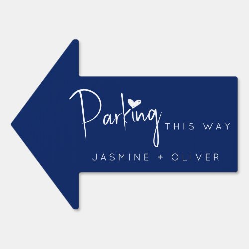 navy blue wedding parking this way arrow sign