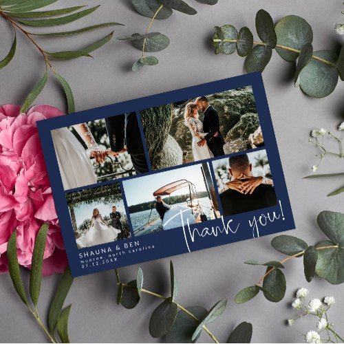 Navy Blue Wedding Photo Collage Thank You