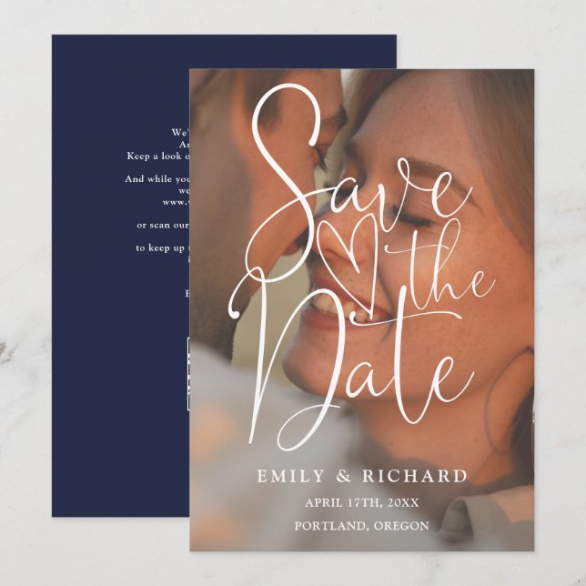 Navy Blue Wedding Photo Elegant Script QR Code Save The Date (Front/Back)
