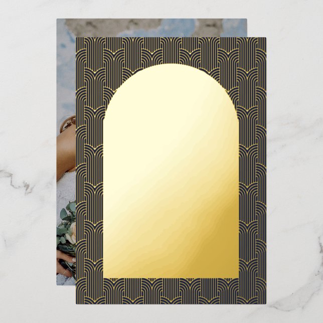 Navy Blue Wedding Photo Geometric Foil Invitation (Front/Back)