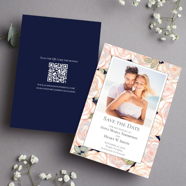 Navy Blue Wedding Photo Save the Date  (Navy blue wedding save the date photo card. With a scannable QR code.)