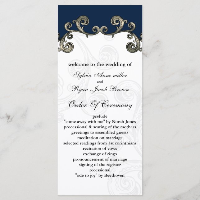 "navy blue" Wedding program (Front)