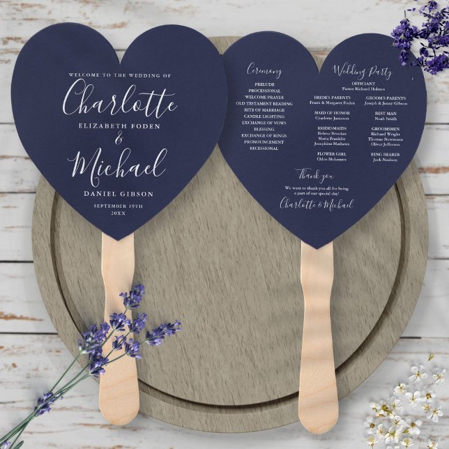 Navy Blue Wedding Program Heart Hand Fan (Creator Uploaded)
