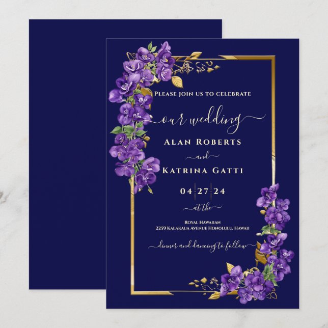 Navy Blue Wedding Purple Violets Gold Frame Invitation (Front/Back)