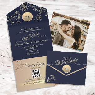 Navy Blue Wedding QR Code All In One Invitation