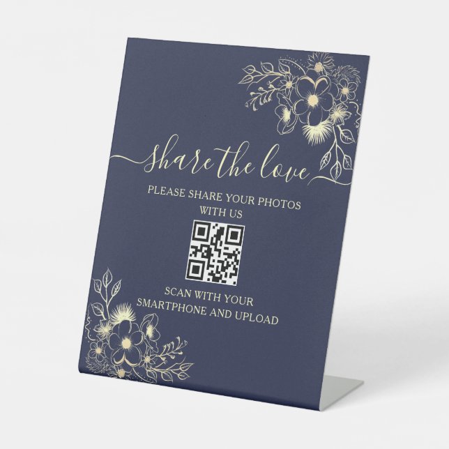Navy Blue Wedding QR Code Sign - Share The Love (Front)
