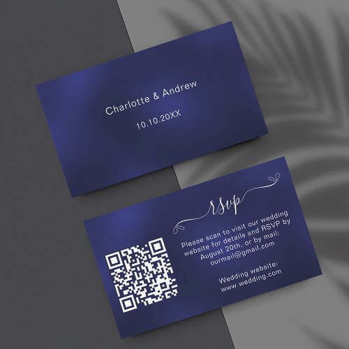 Navy blue wedding response website QR code RSVP Enclosure Card