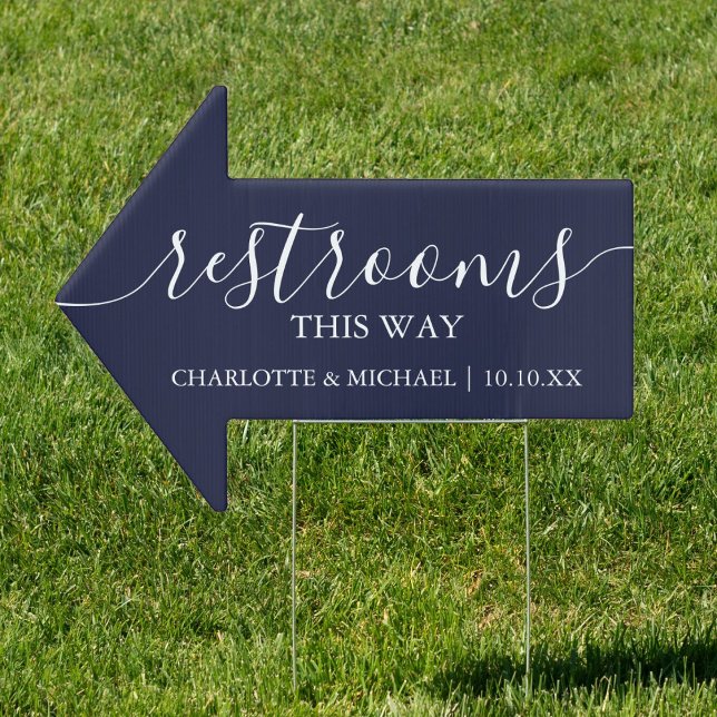 Navy Blue Wedding Restrooms This Way Sign (Navy Blue Wedding Restrooms This Way Sign)