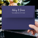 Navy Blue Wedding Return Address  Envelope<br><div class="desc">Chic, modern and simple wedding return address envelope with your names in white elegant handwritten script calligraphy on a navy blue background. Simply add your names and address. Exclusively designed for you by Happy Dolphin Studio. This beautiful wedding envelope is part of the 'dusty pink floral' wedding collection in our...</div>