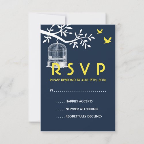 Navy Blue Wedding RSVP Card Vintage Bird Cage