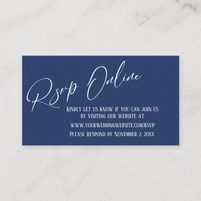 Navy Blue Wedding RSVP Online Elegant Handwriting Enclosure Card (Front)