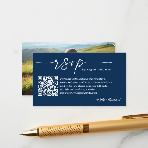 Navy Blue Wedding RSVP Online Website QR Code Enclosure Card