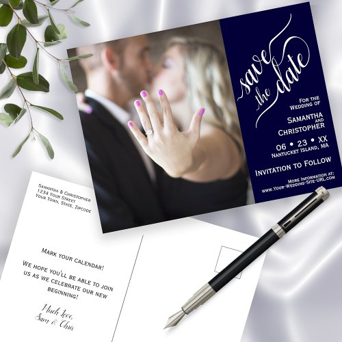 Navy Blue Wedding Save the Date Photo Calligraphy Announcement Postcard