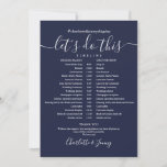 Navy Blue Wedding Schedule Timeline Card<br><div class="desc">This stylish navy blue wedding schedule timeline can be personalized with your wedding details in chic lettering. Designed by Thisisnotme©</div>