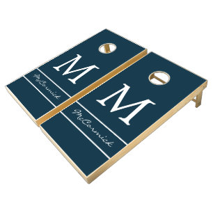 Navy Blue Wedding Simple Modern Script Monogram Cornhole Set