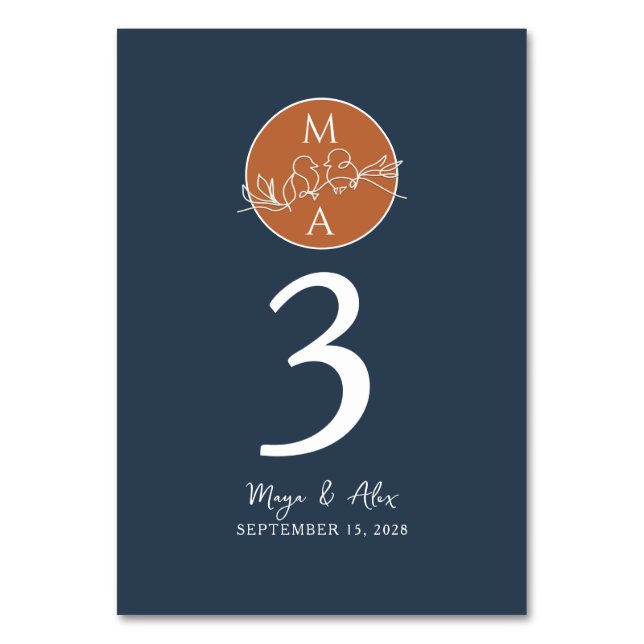 Navy Blue Wedding Table Number (Front)