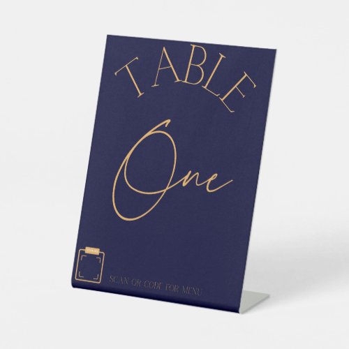 Navy Blue Wedding Table Numbers with QR Menu Pedestal Sign