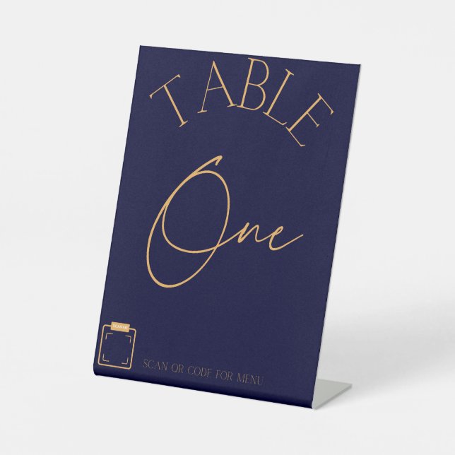 Navy Blue Wedding Table Numbers with QR Menu Pedestal Sign (Front)
