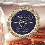 Navy Blue Wedding Thank You Classic Round Sticker<br><div class="desc">Elevate your thank-you notes with our simple yet elegant luxury stickers. Featuring a stunning glam glitter design in gold and navy blue,  these stickers showcase a romantic rope heart,  perfect for expressing your gratitude in style. Ideal for wedding favors,  they add a touch of sophistication to your special day!</div>
