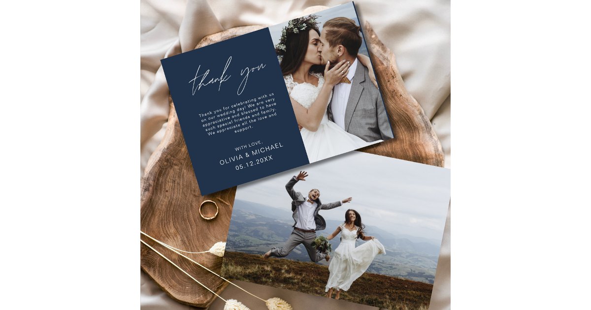 Navy Blue Wedding Thank You Photo Minimalist Card | Zazzle