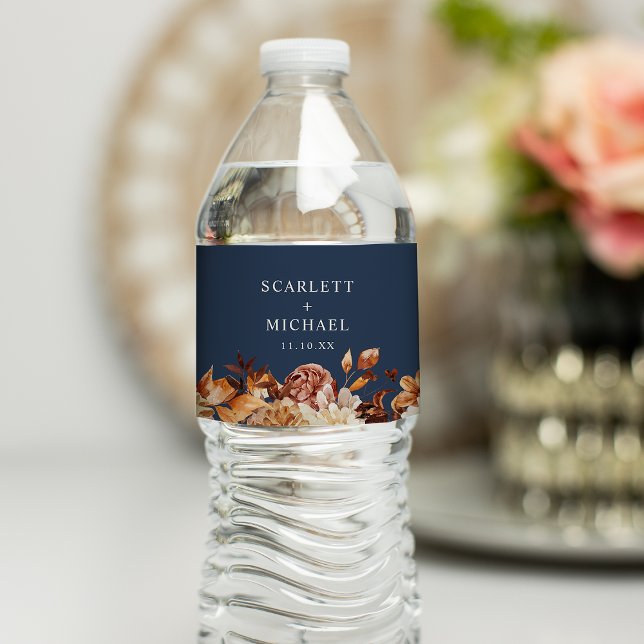 Navy Blue Wedding Water Bottle Label (Navy Blue Autumn Floral Wedding Water Bottle Label by Painted Paperie
)