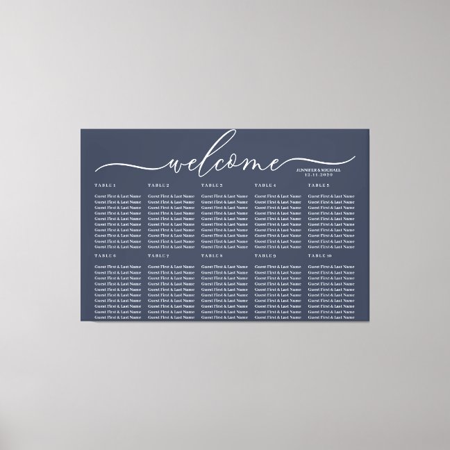 Navy Blue Wedding Welcome Seating Table Numbers Canvas Print
