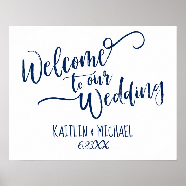 Navy Blue Wedding Welcome Sign - Brush Calligraphy (Front)