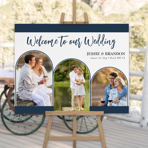 Navy Blue Wedding Welcome Triple Arched Photos Foam Board