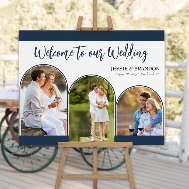 Navy Blue Wedding Welcome Triple Arched Photos Foam Board (Wedding Welcome sign with modern arched photos,  friendly script and navy blue color palette.)