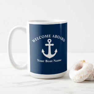 Navy Blue Welcome Aboard Boat Name Nautical Anchor Coffee Mug