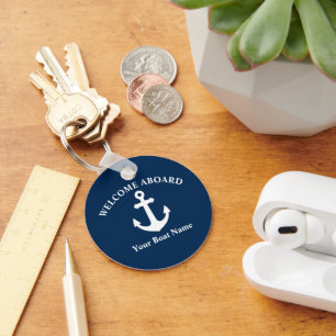 Navy Blue Welcome Aboard Boat Name Nautical Anchor Keychain