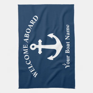 Navy Blue Welcome Aboard Boat Name Nautical Anchor Kitchen Towel