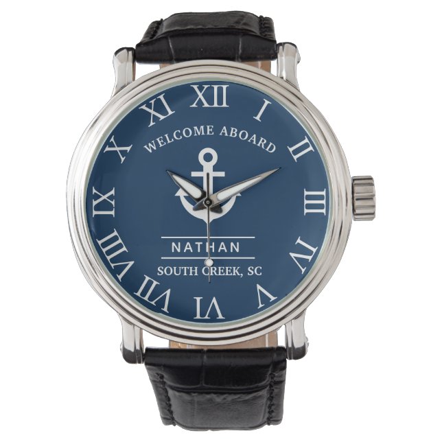 Navy Blue Welcome Aboard Custom Monogram Name  Watch (Front)