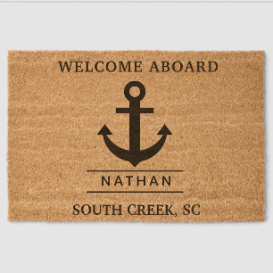 Navy Blue Welcome Aboard Custom Name  Fiber Doormat