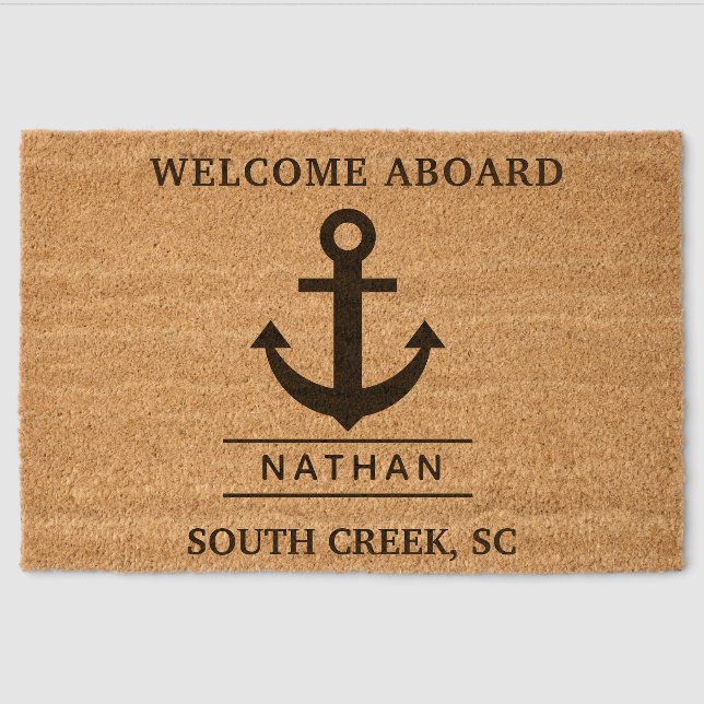 Navy Blue Welcome Aboard Custom Name  Fiber Doormat (Front)