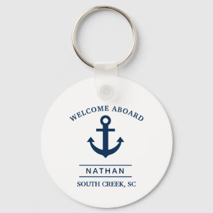 Navy Blue Welcome Aboard Custom Name Keychain