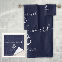 Navy Blue Welcome Aboard Nautical Anchor Boat Name Bath Towel Set