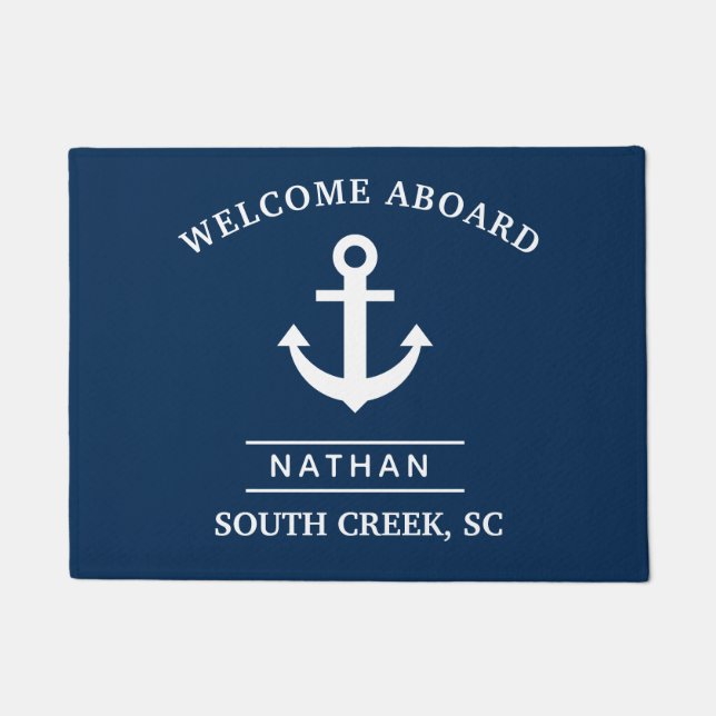 Navy Blue Welcome Custom Name  Doormat (Front)