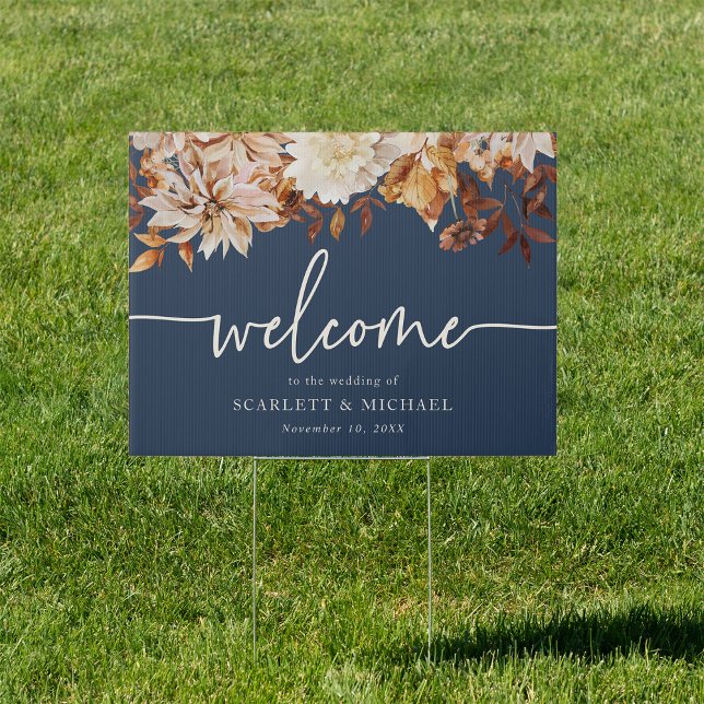 Navy Blue Welcome Outdoor sign (Navy Blue Floral Yard Welcome Outdoor sign by Painted Paperie
)